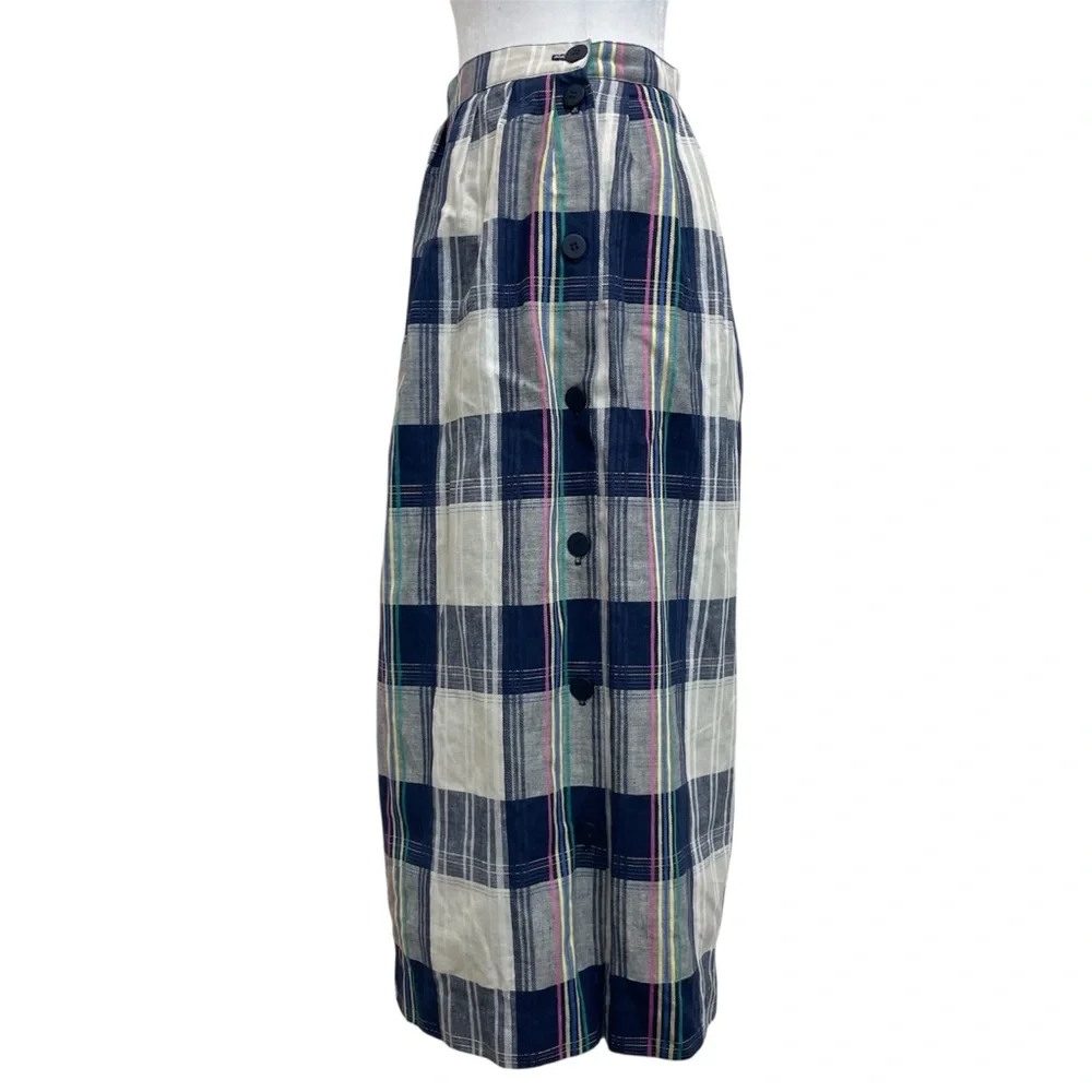 Celeste Sport Vintage Mod Style Linen Blend Plaid Button Side Midi Skirt
